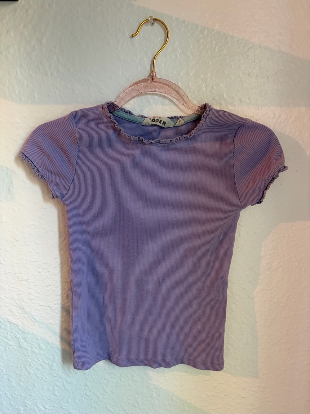 Mini Boden Purple Ribbed Short-Sleeve Tee with Ruffle Trim